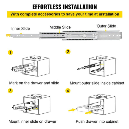 Drawer Slides with Lock, 1 Pair 40 inch, Heavy-Duty Industrial Steel up to 500 lbs Capacity, 3-Fold Full Extension, Ball Bearing Lock-in & Lock-Out, Side Mount.