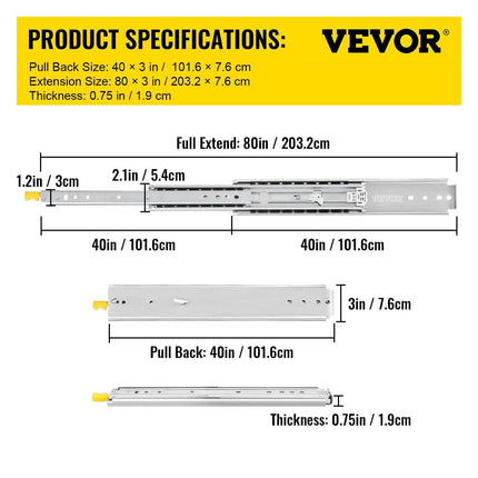 Drawer Slides with Lock, 1 Pair 40 inch, Heavy-Duty Industrial Steel up to 500 lbs Capacity, 3-Fold Full Extension, Ball Bearing Lock-in & Lock-Out, Side Mount.