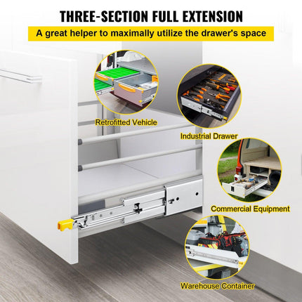 Drawer Slides with Lock, 1 Pair 60 inch, Heavy-Duty Industrial Steel up to 500 lbs Capacity, 3-Fold Full Extension, Ball Bearing Lock-in & Lock-Out, Side Mount.