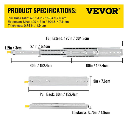 Drawer Slides with Lock, 1 Pair 60 inch, Heavy-Duty Industrial Steel up to 500 lbs Capacity, 3-Fold Full Extension, Ball Bearing Lock-in & Lock-Out, Side Mount.