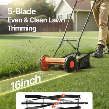 40cm Push Reel Lawn Mower 5-Blade Adjustable Height Grass Catcher 2-Wheel.