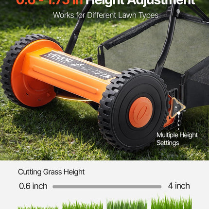 40cm Push Reel Lawn Mower 5-Blade Adjustable Height Grass Catcher 2-Wheel.