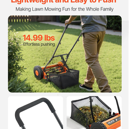 40cm Push Reel Lawn Mower 5-Blade Adjustable Height Grass Catcher 2-Wheel.