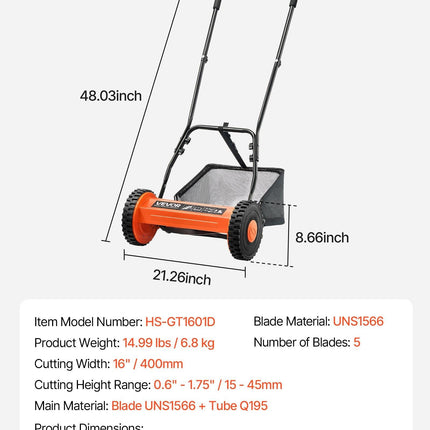 40cm Push Reel Lawn Mower 5-Blade Adjustable Height Grass Catcher 2-Wheel.