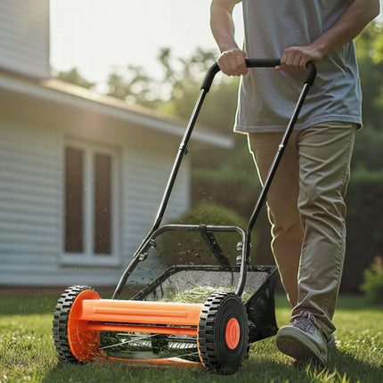40cm Push Reel Lawn Mower 5-Blade Adjustable Height Grass Catcher 2-Wheel.
