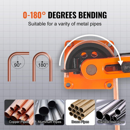 VEVOR Pipe Tube Bender, 3/8" to 1" OD Manual Pipe Tube Bender with 7 Bending Dies, 180° Copper Aluminum Pipes Bending Tools for HVAC Air Conditioning Refrigerator Auto Repair.