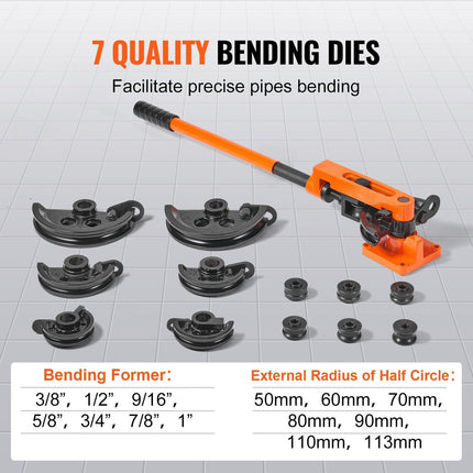 VEVOR Pipe Tube Bender, 3/8" to 1" OD Manual Pipe Tube Bender with 7 Bending Dies, 180° Copper Aluminum Pipes Bending Tools for HVAC Air Conditioning Refrigerator Auto Repair.