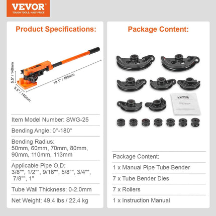 VEVOR Pipe Tube Bender, 3/8" to 1" OD Manual Pipe Tube Bender with 7 Bending Dies, 180° Copper Aluminum Pipes Bending Tools for HVAC Air Conditioning Refrigerator Auto Repair.