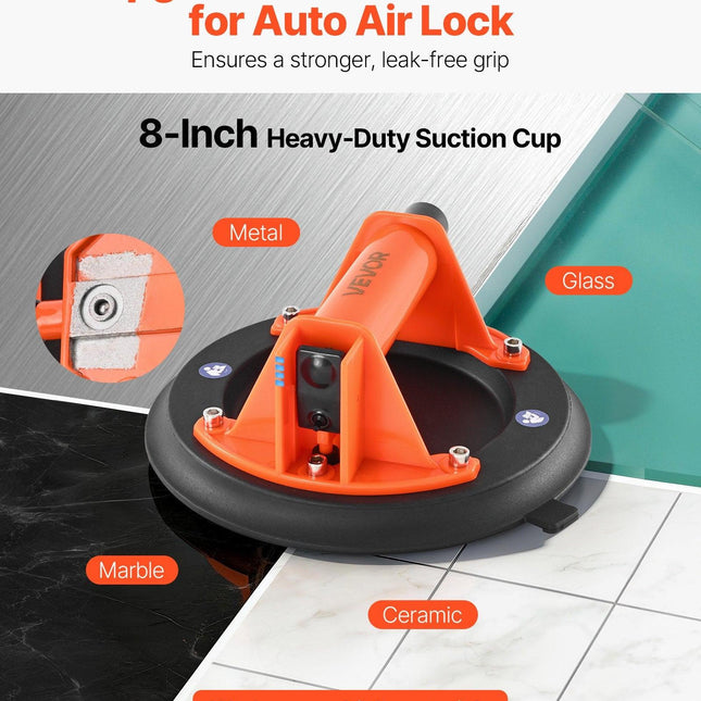 VEVOR Vacuum Suction Cup, 203 mm Vacuum Glass Lifter with ABS Handle, 180 kg Max Lifting Capacity Tile Suction Cup Tool with Carrying Case for Lifting Large Tile, Granite, Drywall, Windows (1-Pack).