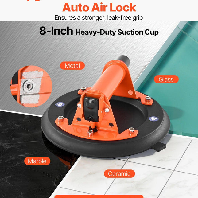 Vacuum Suction Cup, 203 mm Vacuum Glass Lifter with Metal Handle, 195 kg Max Lifting Capacity Tile Suction Cup Tool with Carrying Case for Lifting Large Tile, Granite, Drywall, Windows (2-Pack).