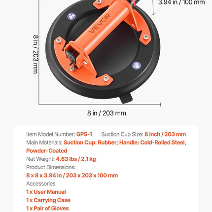 Vacuum Suction Cup, 203 mm Vacuum Glass Lifter with Metal Handle, 195 kg Max Lifting Capacity Tile Suction Cup Tool with Carrying Case for Lifting Large Tile, Granite, Drywall, Windows (2-Pack).