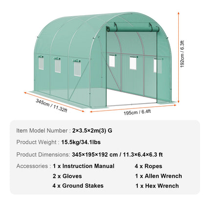 Walk-in Tunnel Greenhouse 11.32x6.4x6.3ft Galvanized Frame PE Cover Green.