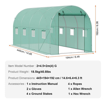 Walk-in Tunnel Greenhouse 14.6x6.36x6.3ft Galvanized Frame PE Cover Green.