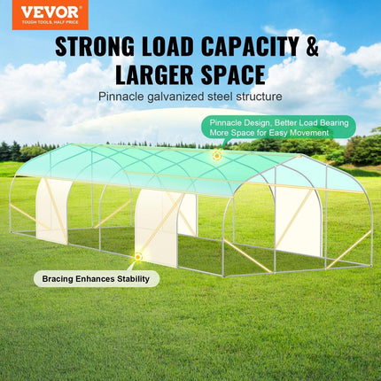 Walk-in Tunnel Greenhouse, 29.5x9.8x6.6 ft Hoop House Greenhouse Tunnel, Peaked Roof Plant Hot House with Galvanized Steel Frame, Green PE Cover, Roll-up Zipper Door and 12 Windows for Outdoor.