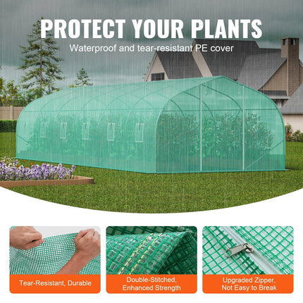 Walk-in Tunnel Greenhouse, 29.5x9.8x6.6 ft Hoop House Greenhouse Tunnel, Peaked Roof Plant Hot House with Galvanized Steel Frame, Green PE Cover, Roll-up Zipper Door and 12 Windows for Outdoor.