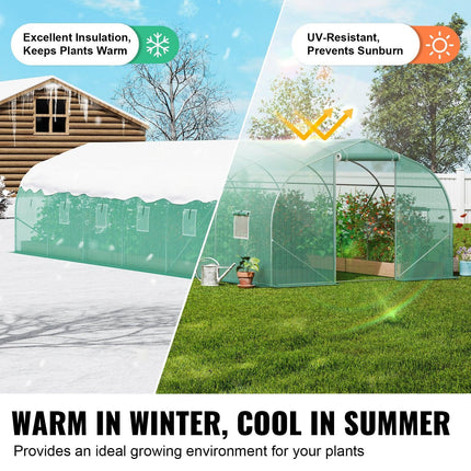 Walk-in Tunnel Greenhouse, 29.5x9.8x6.6 ft Hoop House Greenhouse Tunnel, Peaked Roof Plant Hot House with Galvanized Steel Frame, Green PE Cover, Roll-up Zipper Door and 12 Windows for Outdoor.