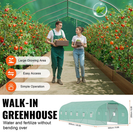Walk-in Tunnel Greenhouse, 29.5x9.8x6.6 ft Hoop House Greenhouse Tunnel, Peaked Roof Plant Hot House with Galvanized Steel Frame, Green PE Cover, Roll-up Zipper Door and 12 Windows for Outdoor.