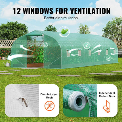 Walk-in Tunnel Greenhouse, 29.5x9.8x6.6 ft Hoop House Greenhouse Tunnel, Peaked Roof Plant Hot House with Galvanized Steel Frame, Green PE Cover, Roll-up Zipper Door and 12 Windows for Outdoor.