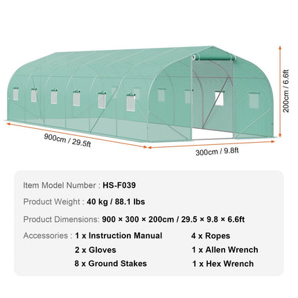 Walk-in Tunnel Greenhouse, 29.5x9.8x6.6 ft Hoop House Greenhouse Tunnel, Peaked Roof Plant Hot House with Galvanized Steel Frame, Green PE Cover, Roll-up Zipper Door and 12 Windows for Outdoor.