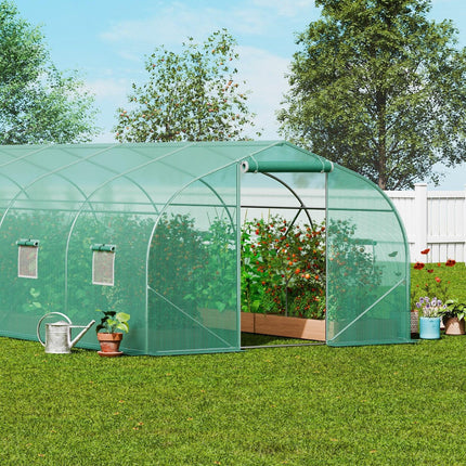 Walk-in Tunnel Greenhouse, 29.5x9.8x6.6 ft Hoop House Greenhouse Tunnel, Peaked Roof Plant Hot House with Galvanized Steel Frame, Green PE Cover, Roll-up Zipper Door and 12 Windows for Outdoor.
