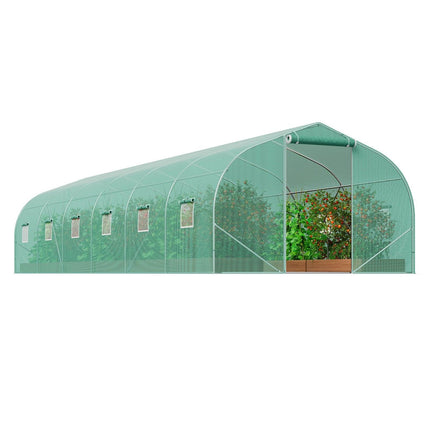 Walk-in Tunnel Greenhouse, 29.5x9.8x6.6 ft Hoop House Greenhouse Tunnel, Peaked Roof Plant Hot House with Galvanized Steel Frame, Green PE Cover, Roll-up Zipper Door and 12 Windows for Outdoor.