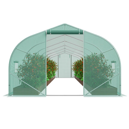 Walk-in Tunnel Greenhouse, 29.5x9.8x6.6 ft Hoop House Greenhouse Tunnel, Peaked Roof Plant Hot House with Galvanized Steel Frame, Green PE Cover, Roll-up Zipper Door and 12 Windows for Outdoor.