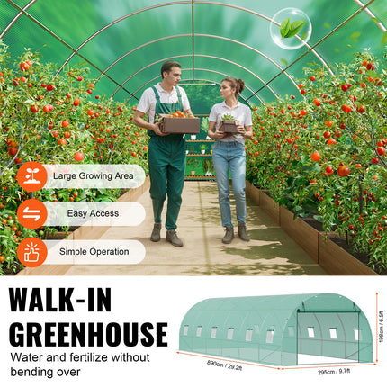 Walk-in Tunnel Greenhouse 29.2x9.7x6.5ft Galvanized Frame PE Cover Green.