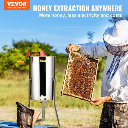 Manual Honey Extractor, 2/4 Frames Honey Spinner Extractor, Stainless Steel Beekeeping Extraction, Honeycomb Drum Spinner with Lid, Apiary Centrifuge Equipment with Height Adjustable Stand.