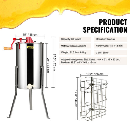Manual Honey Extractor, 3 Frames Honey Spinner Extractor, Stainless Steel Beekeeping Extraction, Honeycomb Drum Spinner with Lid, Apiary Centrifuge Equipment with Height Adjustable Stand.