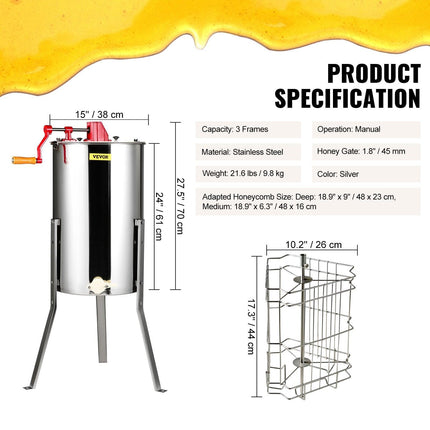 Manual Honey Extractor, 3 Frames Honey Spinner Extractor, Stainless Steel Beekeeping Extraction, Honeycomb Drum Spinner with Lid, Apiary Centrifuge Equipment with Height Adjustable Stand.