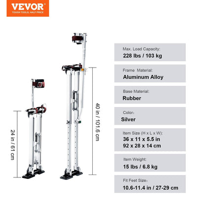 Drywall Stilts, 24''-40'' Adjustable Aluminum Tool Stilts with Protective Knee Pads, Durable and Non-Slip Work Stilts for Sheetrock Painting, Walking, Taping, Silver.