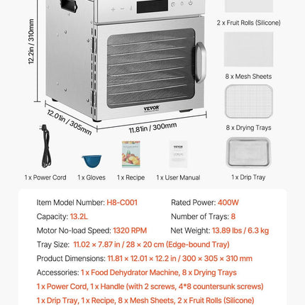Food Dehydrator Machine, 8 Stainless Steel Trays, 400W Electric Food Dryer with Adjustable Temperature & 24-Hour Timer, Freeze Dryer for Jerky, Meat, Fruit, Vegetables, Herbs, Dog Treats.