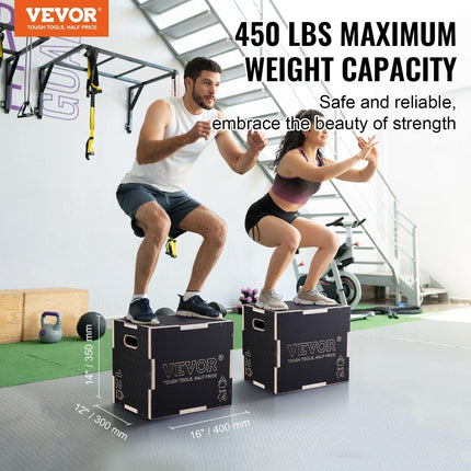 3 in 1 Plyometric Jump Box, 16/14/12 Inch Wooden Plyo Box, Platform & Jumping Agility Box, Anti-Slip Fitness Exercise Step Up Box for Home Gym Training, Conditioning Strength Training, Black.