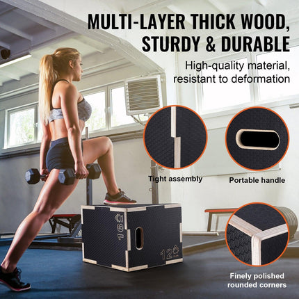 3 in 1 Plyometric Jump Box, 16/14/12 Inch Wooden Plyo Box, Platform & Jumping Agility Box, Anti-Slip Fitness Exercise Step Up Box for Home Gym Training, Conditioning Strength Training, Black.