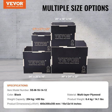 3 in 1 Plyometric Jump Box, 16/14/12 Inch Wooden Plyo Box, Platform & Jumping Agility Box, Anti-Slip Fitness Exercise Step Up Box for Home Gym Training, Conditioning Strength Training, Black.