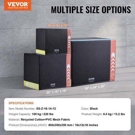 3 in 1 Plyometric Jump Box, 16/14/12 Inch Cotton Plyo Box, Platform & Jumping Agility Box, Anti-Slip Fitness Exercise Step Up Box for Home Gym Training, Conditioning Strength Training, Black.