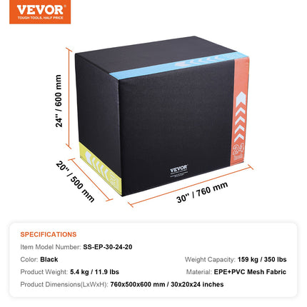 3 in 1 Plyometric Jump Box, 30/24/20 Inch Foam Plyo Box, Platform & Jumping Agility Box, Anti-Slip Fitness Exercise Step Up Box for Home Gym Training, Conditioning Strength Training, Black.
