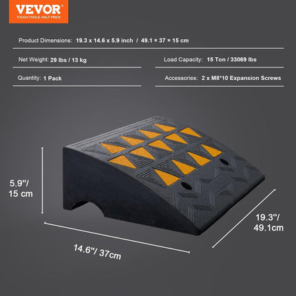 Rubber Curb Ramp 15.2 cm Rise Height Sidewalk Curb Ramp, 37 cm Width 49.1 cm Length Driveway Ramp for Curb, 15T Heavy Duty Rubber Ramp for Forklifts, Trucks, Buses, Cars, Wheelchairs, Bikes.