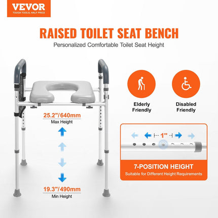 Raised Toilet Seat, 7-Position Height Adjustment 655-805 Mm, 158.7 kg Weight Capacity, with Comfort Padded Aluminum Frame, Universal Toilet Seat Riser, for Elderly, Handicap, Pregnant, Medical.