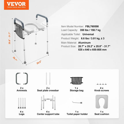 Raised Toilet Seat, 7-Position Height Adjustment 655-805 Mm, 158.7 kg Weight Capacity, with Comfort Padded Aluminum Frame, Universal Toilet Seat Riser, for Elderly, Handicap, Pregnant, Medical.