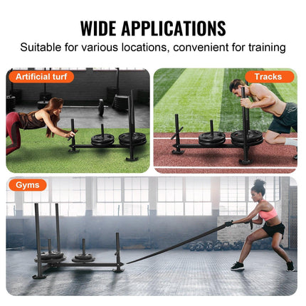 Weight Training Sled, Pull Push Power Sled with Handle, Fitness Strength Resistance Training, Steel Workout Equipment for Athletic Exercise & Speed Improvement, Fit for 5 cm Weight Plate, Black.