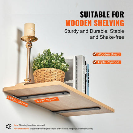 Shelf Bracket, 16cmL x 10cmW x 4.5cmH 6 Pcs, Heavy Duty Floating Shelf Brackets, Brackets for Shelves, 5mm Thick Matte Black L Shelf Bracket,Steel Shelving Brackets with 72.6 kg Load Capacity.