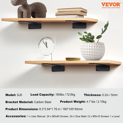 Shelf Bracket, 16cmL x 10cmW x 4.5cmH 6 Pcs, Heavy Duty Floating Shelf Brackets, Brackets for Shelves, 5mm Thick Matte Black L Shelf Bracket,Steel Shelving Brackets with 72.6 kg Load Capacity.