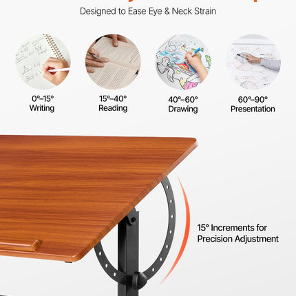Drafting Table Adjustable 0°–90° Tilt Wooden Drawing Desk with H-Frame.