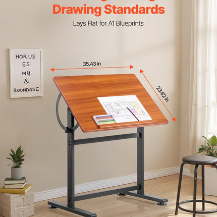 Drafting Table Adjustable 0°–90° Tilt Wooden Drawing Desk with H-Frame.