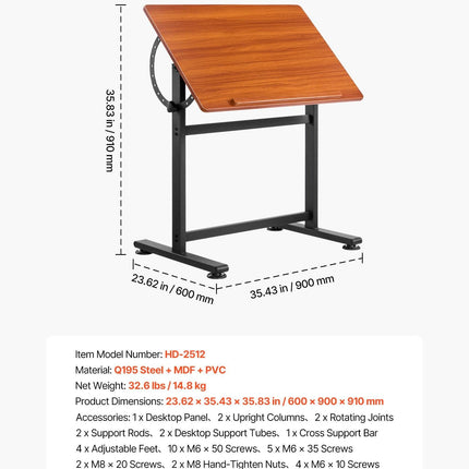 Drafting Table Adjustable 0°–90° Tilt Wooden Drawing Desk with H-Frame.