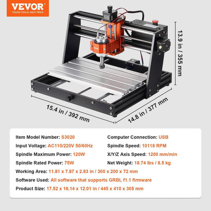 CNC Router Machine, 120W, 3 Axis GRBL Control Wood Engraving Carving Milling Machine Kit, 11.81 x 7.87 x 2.83 in / 300 x 200 x 72 mm Working Area 1200 RPM for Wood Acrylic MDF PVC Plastic Foam.