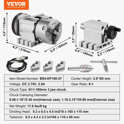 Dividing Head, K11-100mm 3-Jaw Chuck, CNC Router Milling Machine Rotational Axis 4th Axis A Axis Indexing Head, 65 mm Center Height MT2 Tailstock 6:1 Gear Ratio, Universal for Engraving.