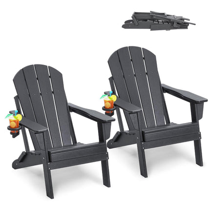 Adirondack Chair Plastic, Set of 2 All-Weather Portable Folding Fire Pit Chair, Outdoor Adirondack Patio Chair with Cup Holder, with Relaxing Arm Rest Ergonomic, for Garden, Backyard - Gray.