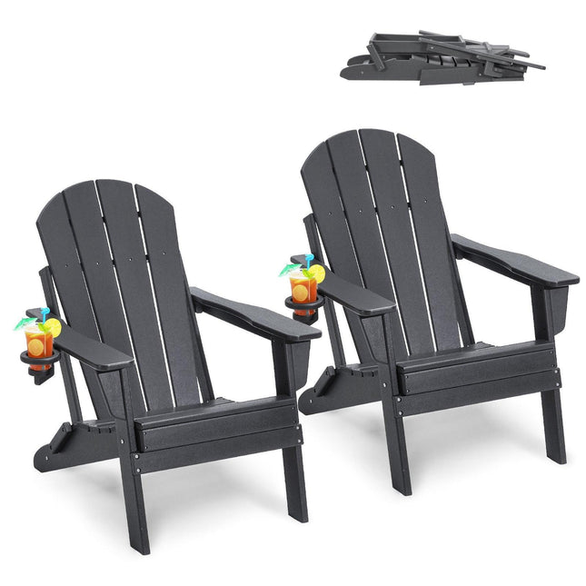 Adirondack Chair Plastic, Set of 2 All-Weather Portable Folding Fire Pit Chair, Outdoor Adirondack Patio Chair with Cup Holder, with Relaxing Arm Rest Ergonomic, for Garden, Backyard - Gray.